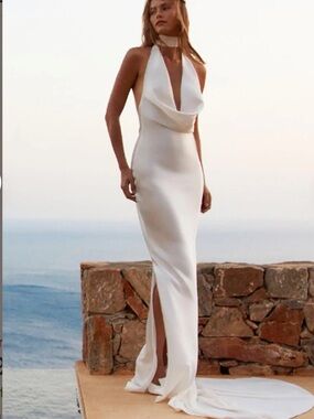 Grace Loves Lace inspired Ivory Cowl Halter Satin Gown-NWOT